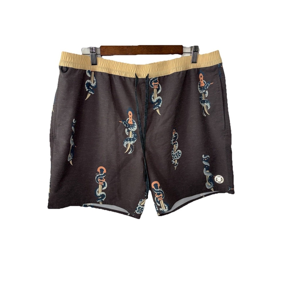 Roark Shorey Snake & Dagger Boardshorts Men XL Brown Snake Tattoo Swim Trunks